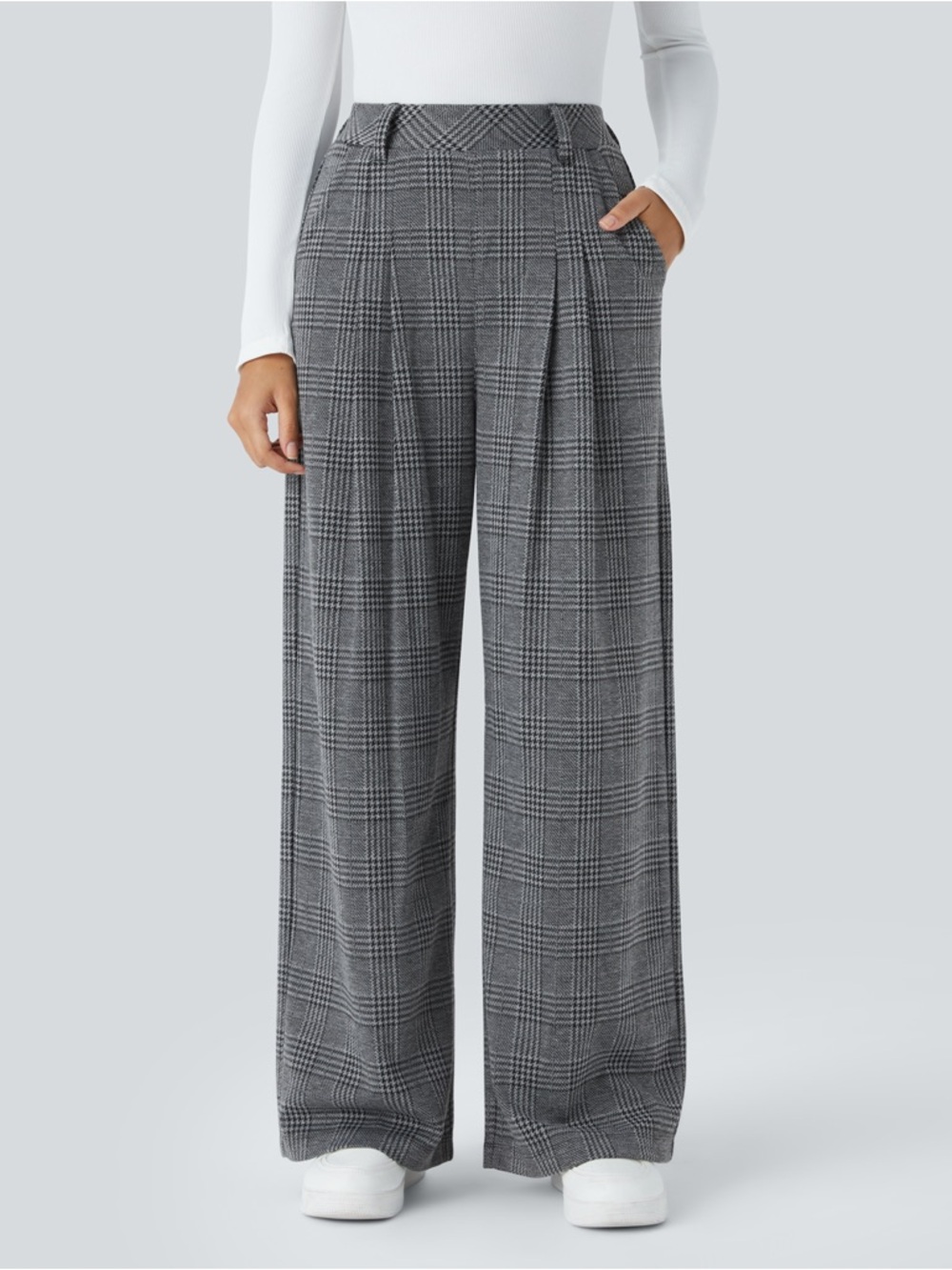 High Waisted Plicated Side Pocket Wide Leg Houndstooth Plaid Casual Pants
